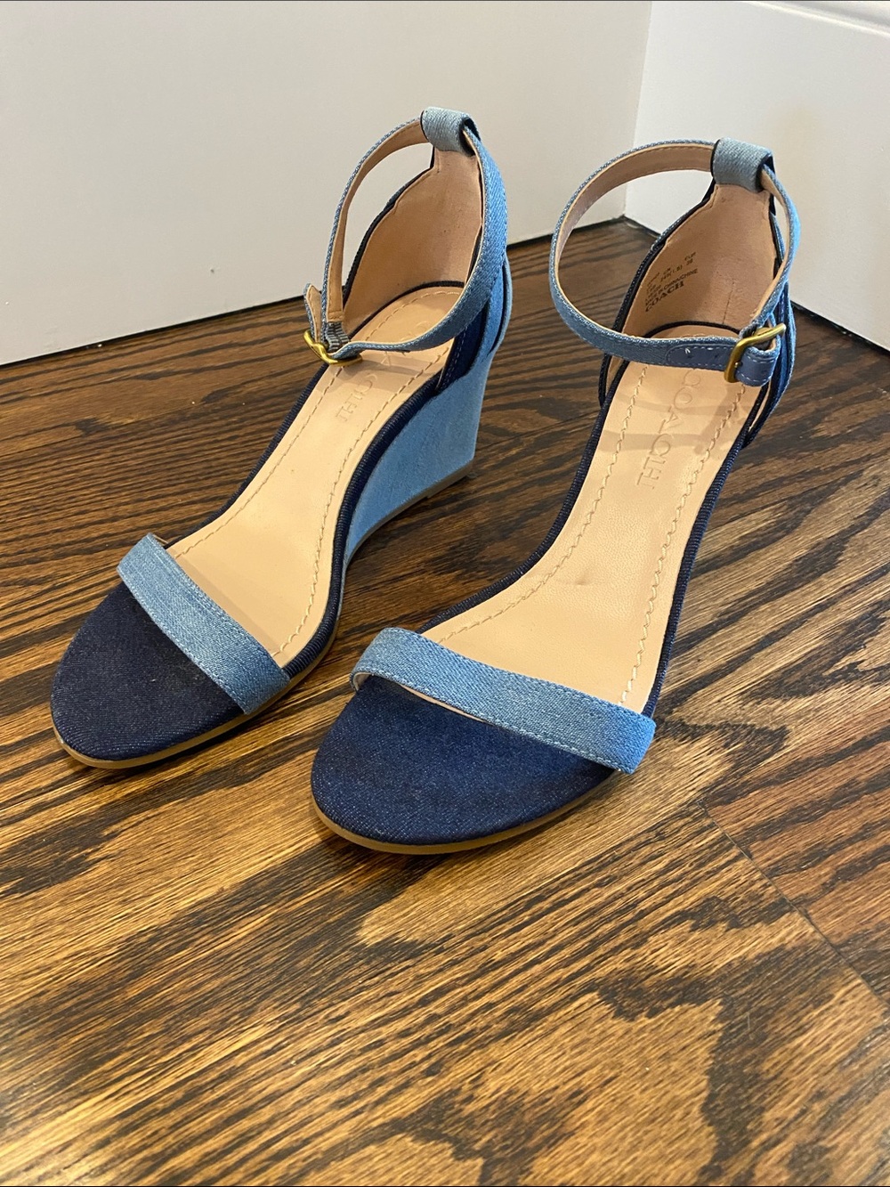 Coach Two-Tone Blue Denim Ankle-Strap Wedge Sandals